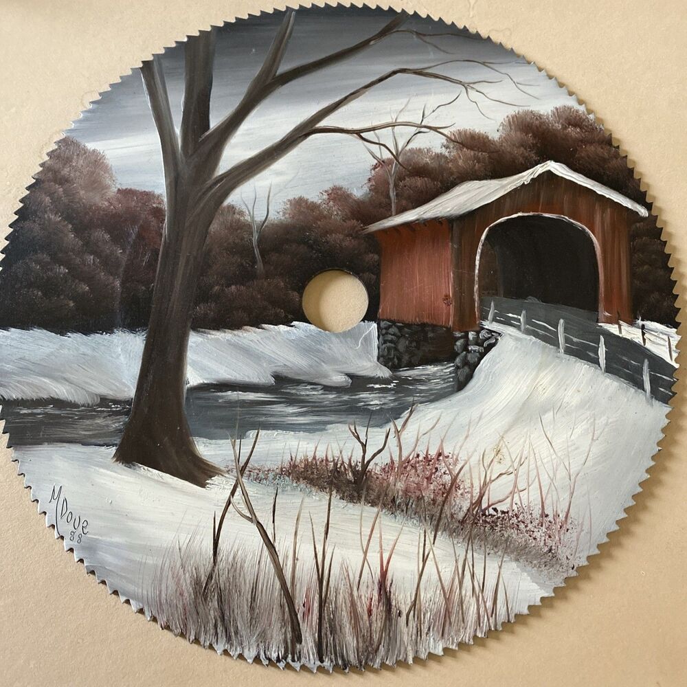 Old Winter covered Bridge , Vintage Saw Blade, Hand Painted, Rustic Decor Signed